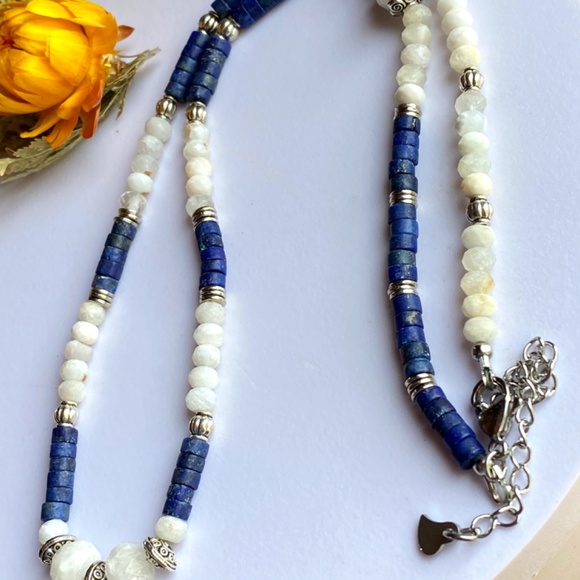 Genuine Moonstone + Lapis Lazuli Gemstone Necklace - Picture 4 of 10
